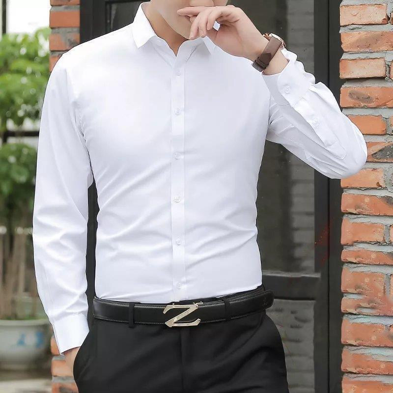 Peach-Colored Cheap Foreign Trade Shirts for Men, Slim-Fit Business Professional Solid Color Long-Sleeve White Shirts for Spring and Autumn