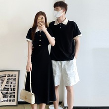2023简约气质情侣装一衣一裙学院风A字长款连衣裙男T恤衫