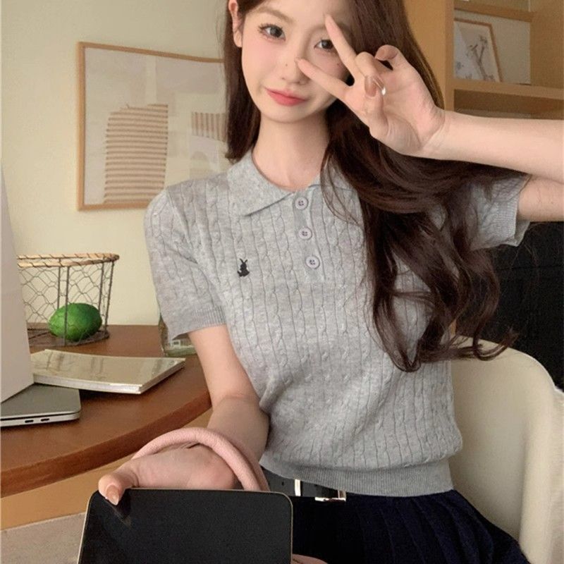 Korean Style 2026 Summer Braided Ice Silk Breathable Knit Short-Sleeve Polo Collar T-Shirt for Women with Design Embroidery Top European Goods Korean Style 2026 Summer Braided Ice Silk Breathable Knit Short-Sleeve Polo Collar T-Shirt for Women with Design Embroidery Top European Goods