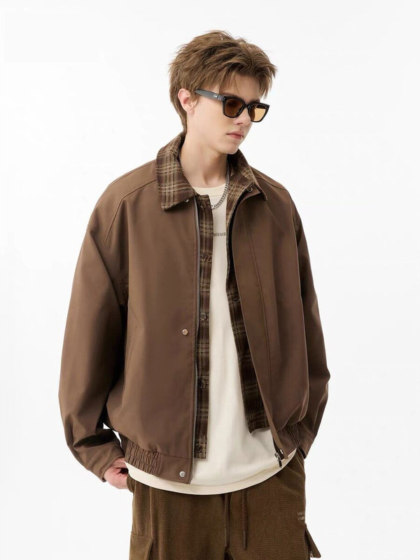 跨境格子假两件夹克外套男女春秋冬休闲宽松vintage棒球服上衣服|undefined