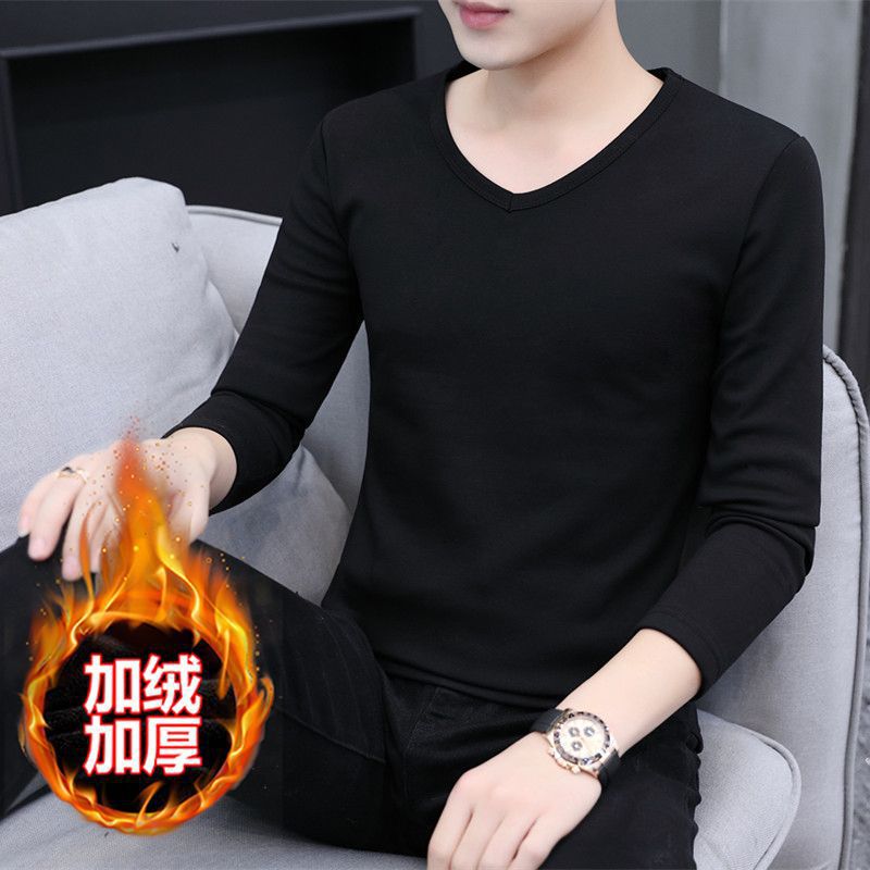 纯棉鸡心领加绒加厚男士长袖T恤丅血秋衫帅气男衫纯白纯黑打底衣