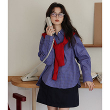实拍 2025秋季韩版miu系蓝格子宽松休闲学院风长袖衬衫衬衣上衣女
