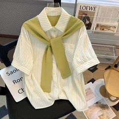 披肩条纹衬衫短袖夏装新款韩版职场轻熟法式高级感衬衣轻奢上衣女