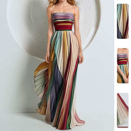 2026春季新款女装欧美跨境连衣裙子时尚优雅收腰褶皱印花长裙