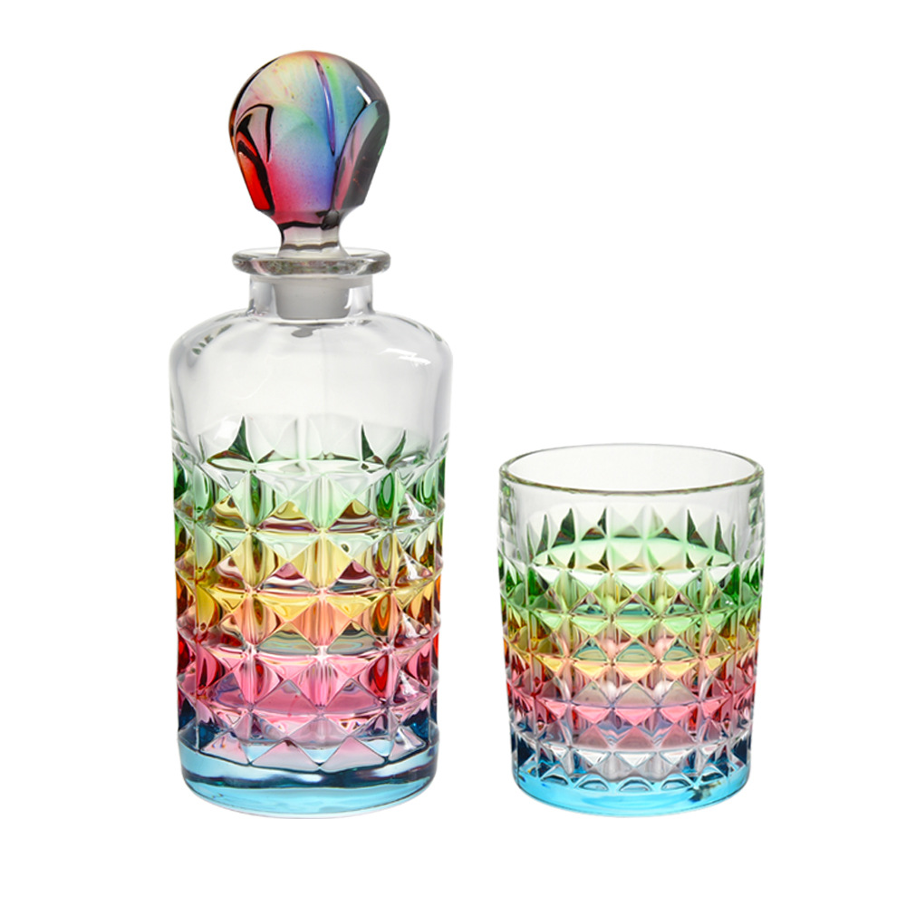 新款北欧创意家用威士忌杯套装古典水晶玻璃手绘七彩酒樽套装摆件