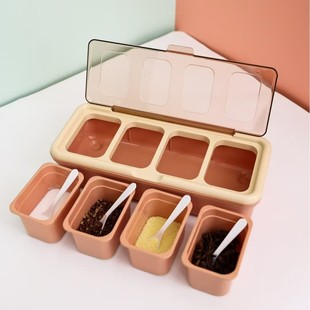 Kitchen seasoning box with four small spoons household multifunctional seasoning tank four-compartment integrated kitchen seasoning storage box wholesale