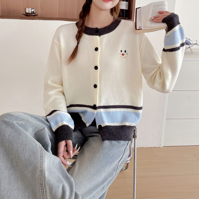 New Spring and Autumn Color-Block Striped Smiley Face Embroidered Knit Cardigan, College Style Slimming Round Neck Sweater Jacket in Multiple Colors