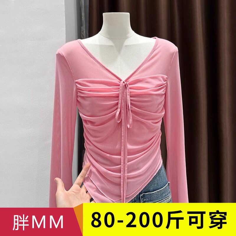Mesh Pure V-Neck Long-Sleeved Lace-Up T-Shirt Women's 2025 Summer Hot Girl Elegant Horn Sleeve Irregular Slim Top Mesh Pure V-Neck Long-Sleeved Lace-Up T-Shirt Women's 2025 Summer Hot Girl Elegant Horn Sleeve Irregular Slim Top
