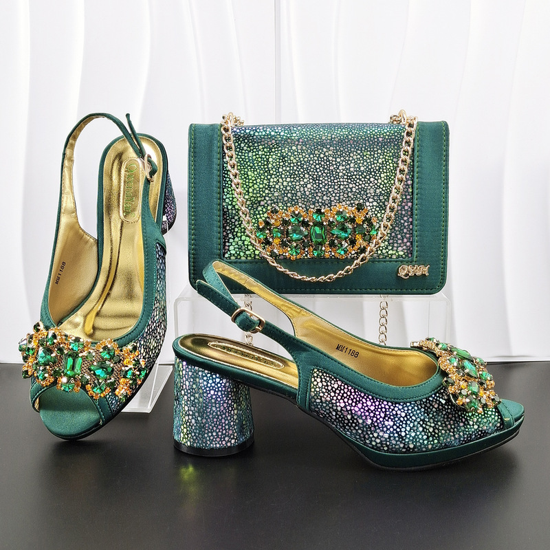 Chunky Heel Colorful High Heels with Rhinestones, Satin Women's Shoes, Square Evening Bag, Middle Eastern Hot-Selling Shoe and Bag Set Chunky Heel Colorful High Heels with Rhinestones, Satin Women's Shoes, Square Evening Bag, Middle Eastern Hot-Selling Shoe and Bag Set