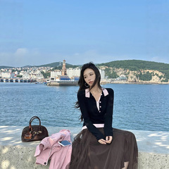ZQ子晴 墨黑蔷薇＇黑色假两件毛针织衫女秋季小众设计感修身上衣