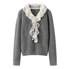 现货2025秋季新款法式浪漫撞色蕾丝荷叶领拼接针织衫LF25D11ZB128