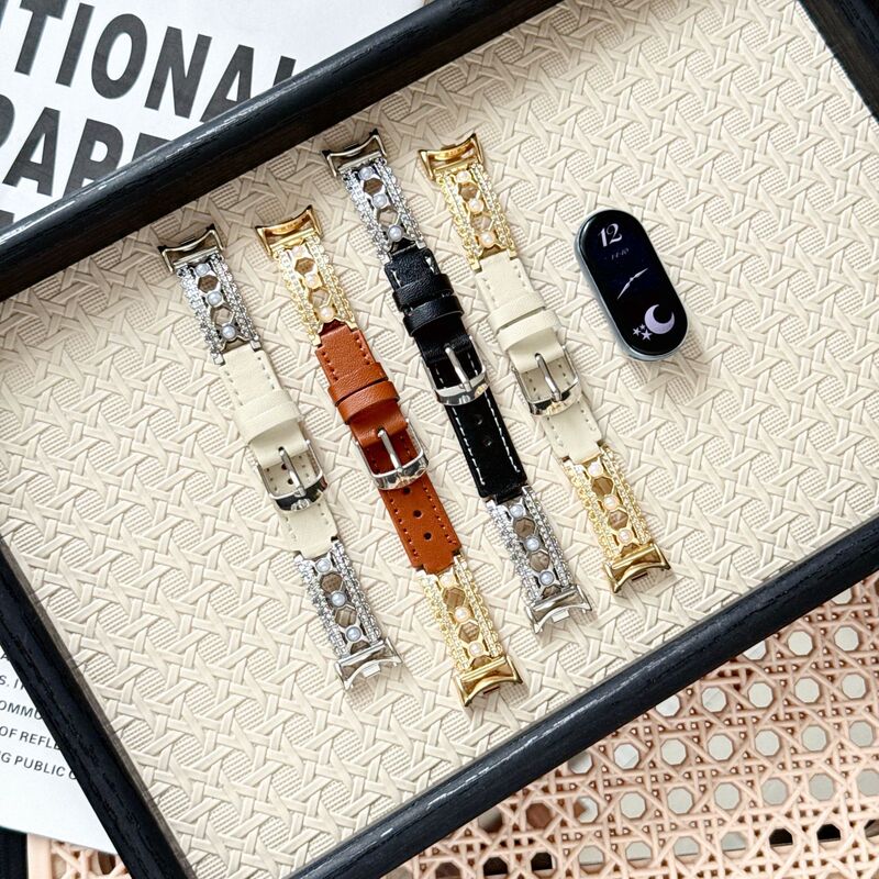 Suitable for Xiaomi 10nfc watch strap 8/9pro lace edge with diamond inlay and leather combination, Apple watch 11th generation, Huawei gt7 wristband