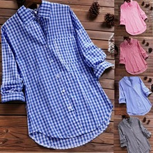 大量现货 跨境外贸女装速卖通ebay宽松格子翻领长袖复古口袋衬衫