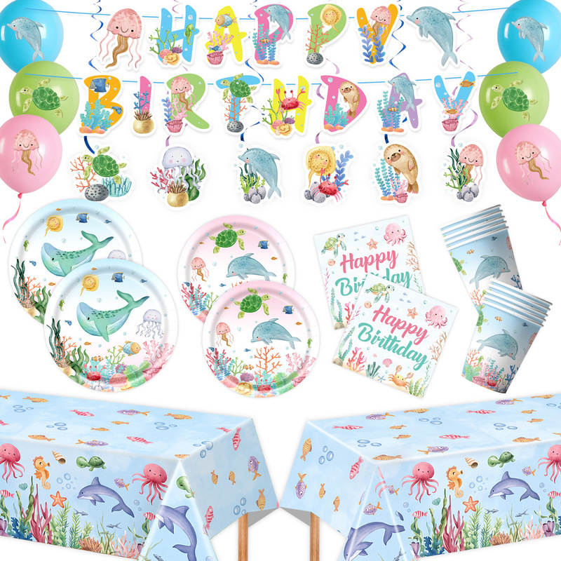 Ocean animal themed children's birthday party tableware, paper plates, paper cups, paper napkins, banners, tablecloths, balloons, and decoration supplies Ocean animal themed children's birthday party tableware, paper plates, paper cups, paper napkins, banners, tablecloths, balloons, and decoration supplies