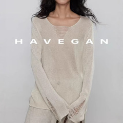 与间HAVEGAN/秋季v领天丝亚麻长袖设计感针织衫女宽松老钱风上衣
