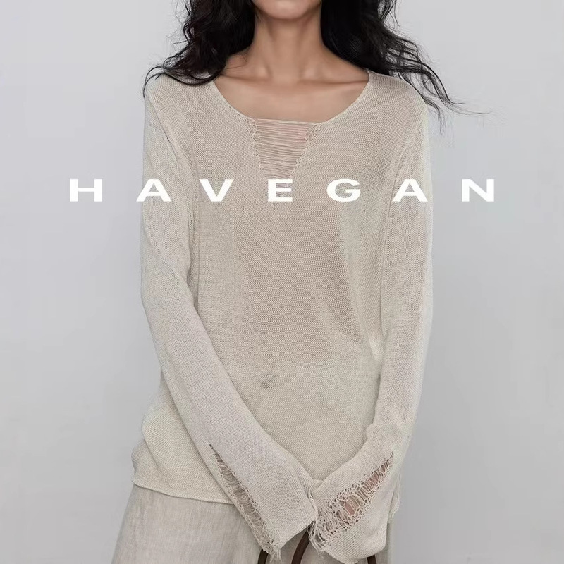 Havegan/Autumn V-Neck Tencel Linen Long-Sleeved Design Knitwear Women's Loose Old Money Style Top