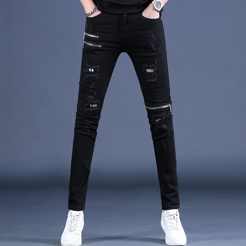 2024 Spring and Autumn Black Jeans for Men, Stretch Slim Fit, Casual Zipper Biker Pants, Skinny Fit