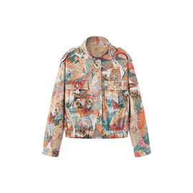 ZA跨境欧美女装批发2026秋季爆款复古鹦鹉提花立领短款工装夹克女