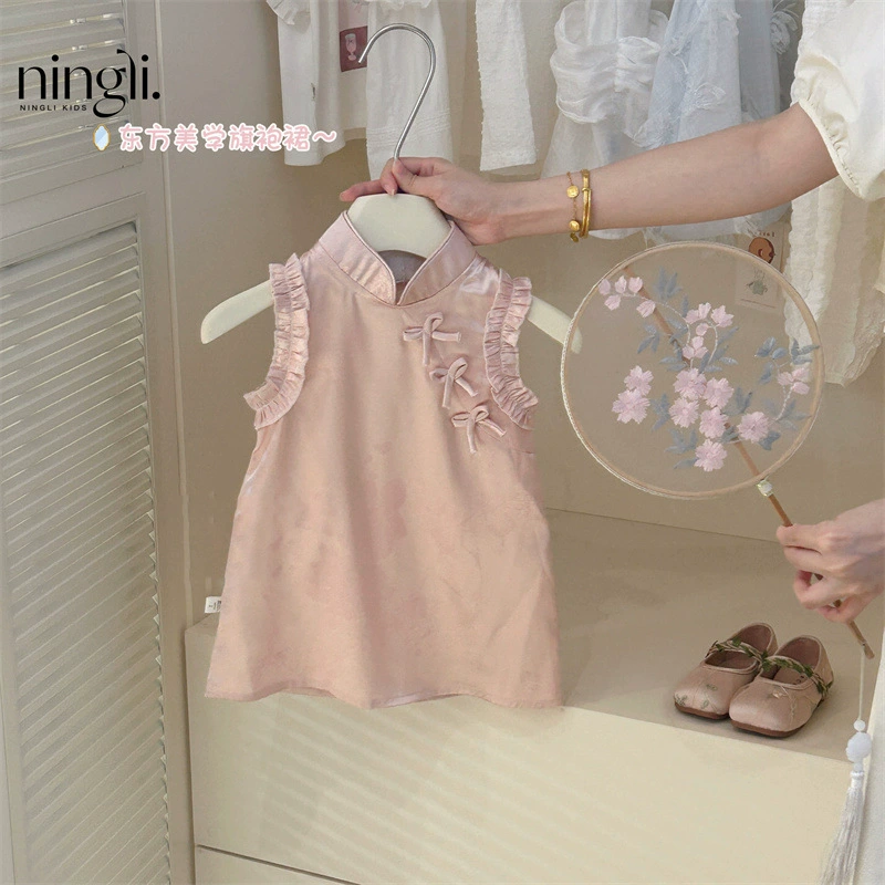 Dress (Ningli) Summer Cheongsam, Children's Princess Skirt, 80–130 cm, Pink & Plaid