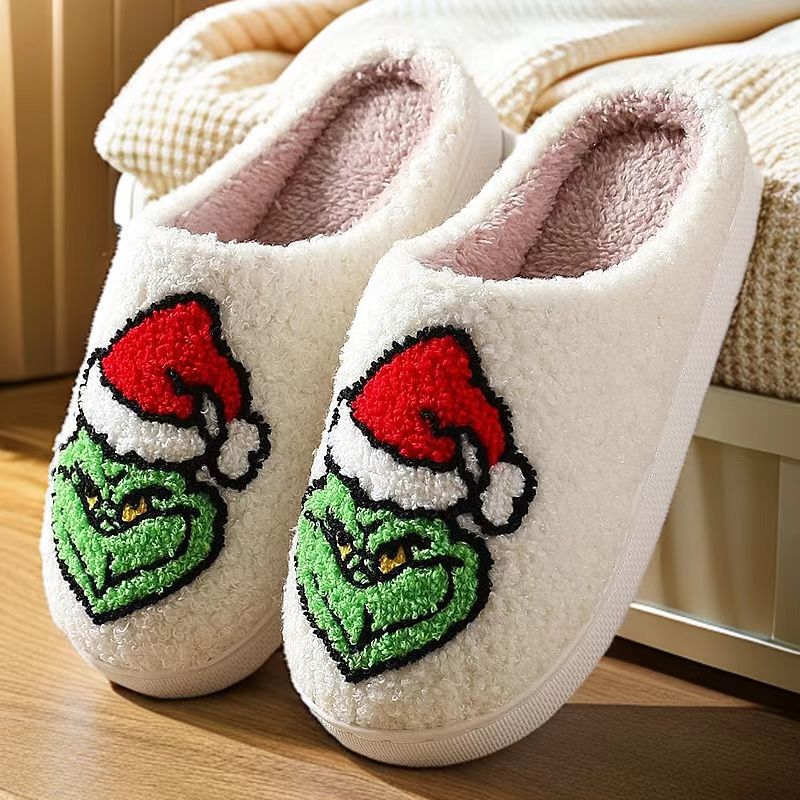 New Comfortable Home Cute Cartoon Grinch Winter Cotton Slippers for Men and Women Couple Warm Cotton Slippers