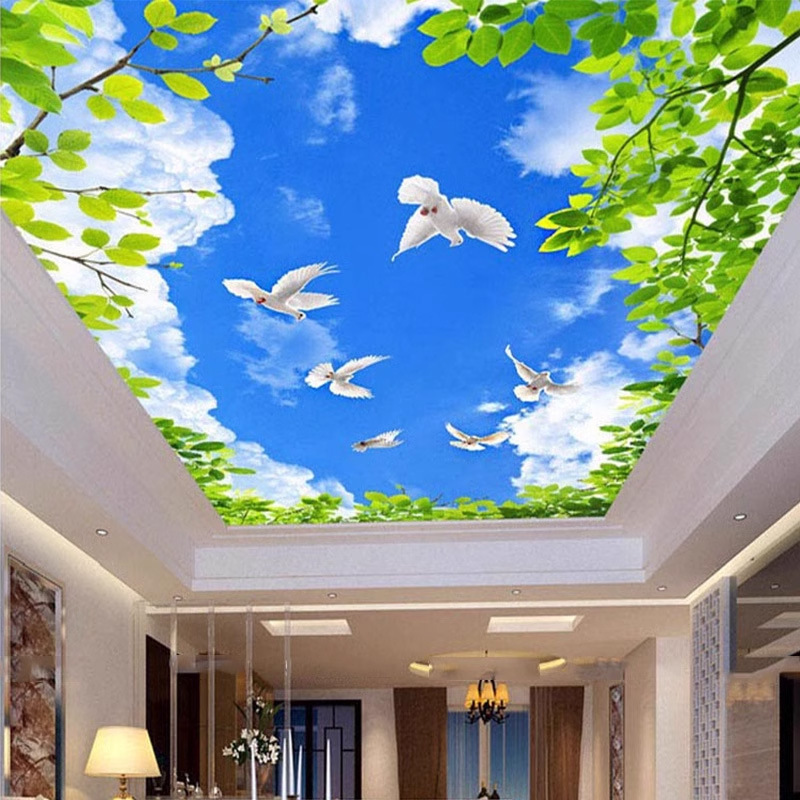 3D立体蓝天白云墙纸客厅天花板壁纸餐厅酒店吊顶棚屋顶天空壁画|undefined