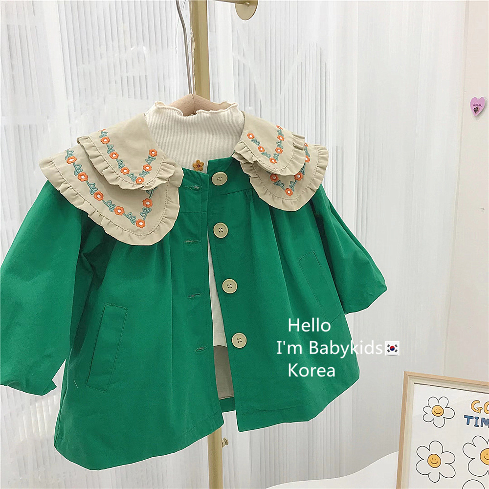Girls' Double Collar Embroidered Coat Spring and Autumn 2022 New Korean Style Parka Children's Stylish Princess Baby Top