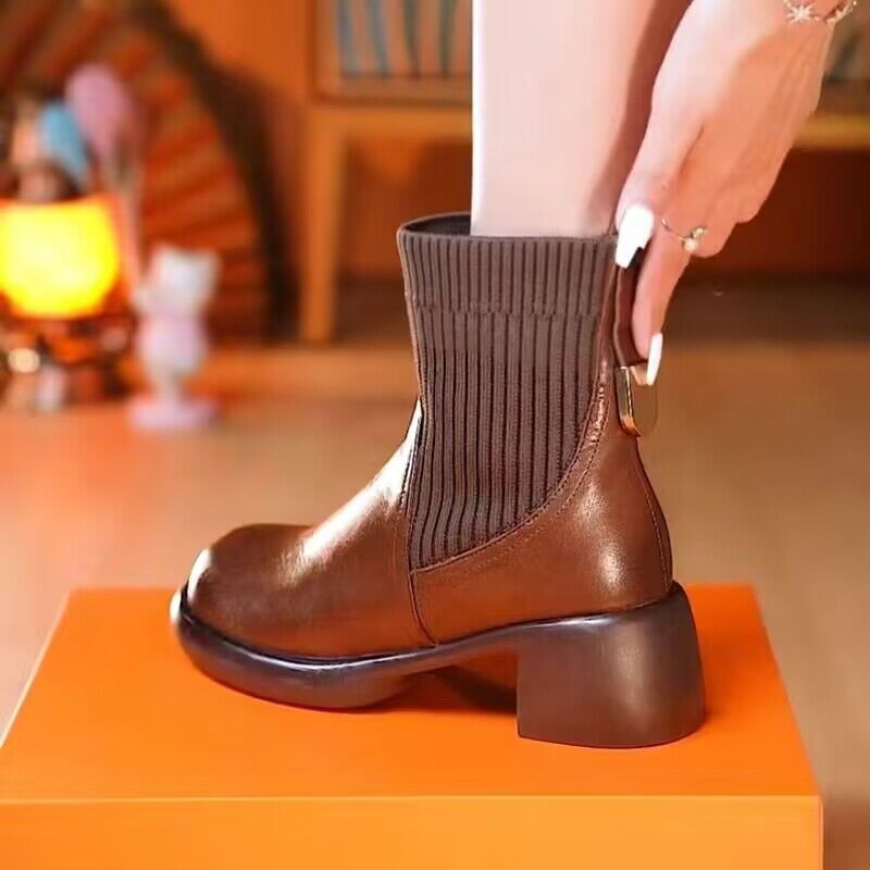 Chaussures Martin en cuir véritable ShoeVault Foreign Trade Cross-Border pour femmes, collection automne-hiver 2024, modèle polyvalent à enfiler et extensible_voghion.com