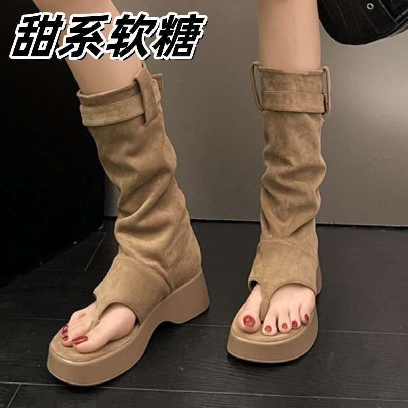 여성용 부츠, 두꺼운 밑창, 키높이 부츠, 여성용 숏부츠, 트렌디한 여름 하이힐 샌들, 롱부츠, 카키색