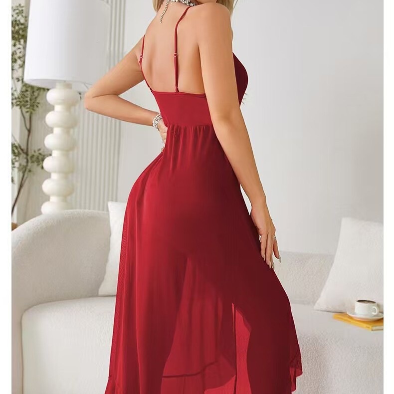 Cross-Border Sheer Mesh V-Neck Camisole Nightgown with High Slit, Irregular Long Dress, Multi-Color Women's Sexy Loungewear 683
