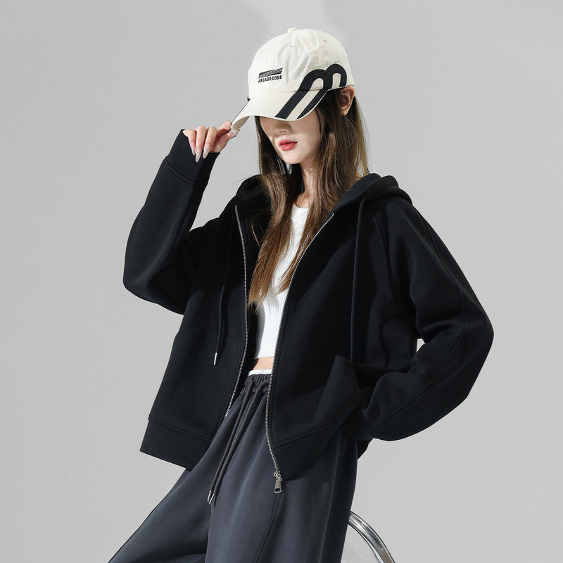 Black Short Sweatshirt for Women, 2026 New Spring and Autumn Style, Korean Style Lazy Style Outer Cardigan, Loose Casual Top
