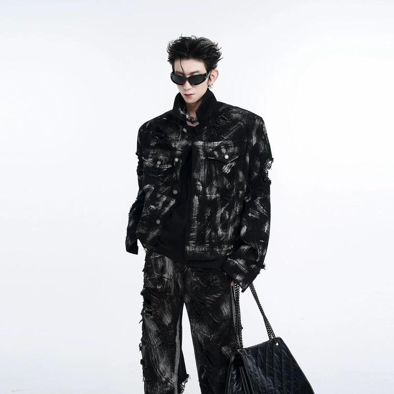 Wasteland Wind Denim Coat suit Men's European and American Street Graffiti Washed Ripped Jeans Spring and Autumn Jacket for Men