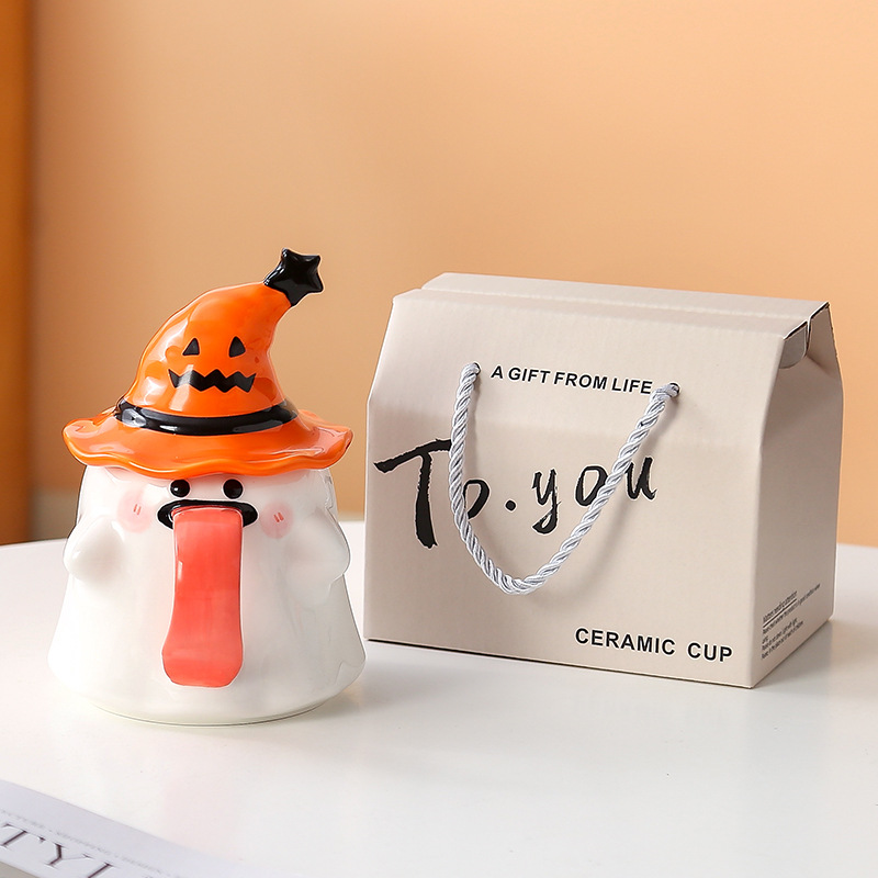 Orange ghost handheld hat, print