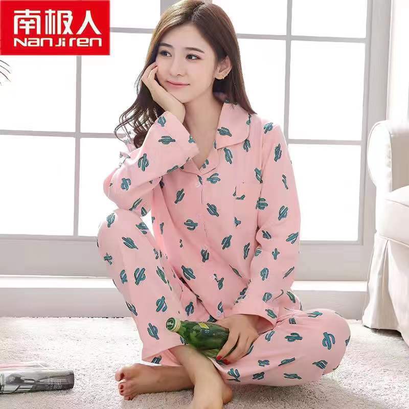 Pijama de estudiante de verano de las mujeres de algodón fino de dos piezas de manga larga más el tamaño de dibujos animados desgaste del hogar de las mujeres de primavera y otoño