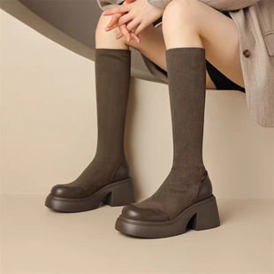 No Over-the-Knee Boots Women's Autumn and Winter New 2024 Long Boots Thick Sole Fashionable All-match Street-fried Boots Increased Thin Elastic