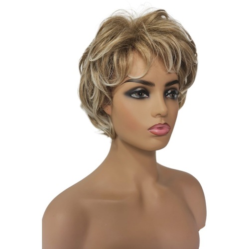 Foreign trade small curly wig, ladies short hair curly wig, golden gradient grandma wig, one piece hair