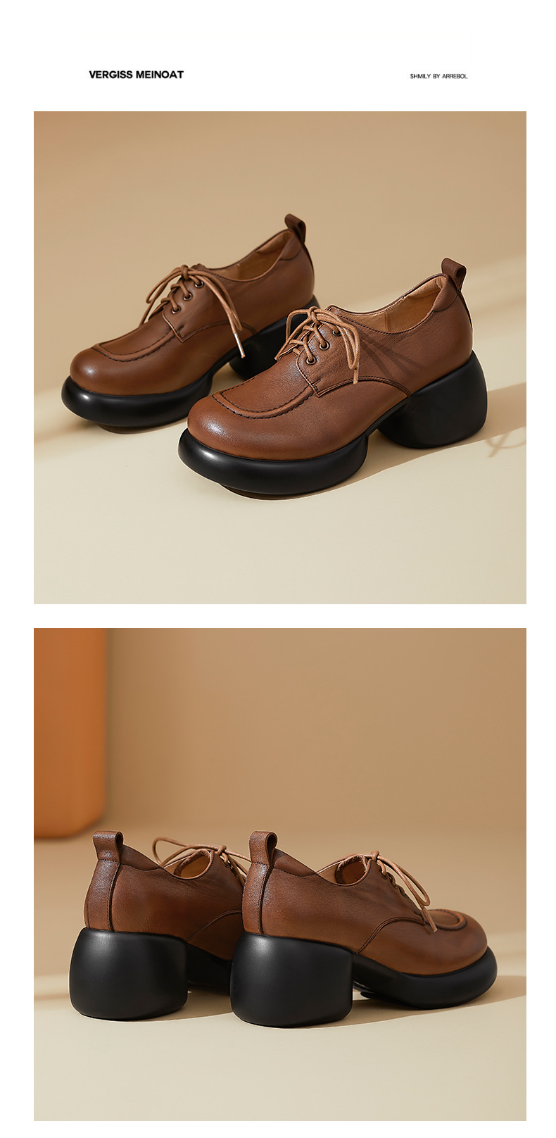 Giày loafer nữ dây buộc phong cách Anh, gót vuông 5,5 cm, mũi sâu, đế dày — màu nâu chi tiết 13
