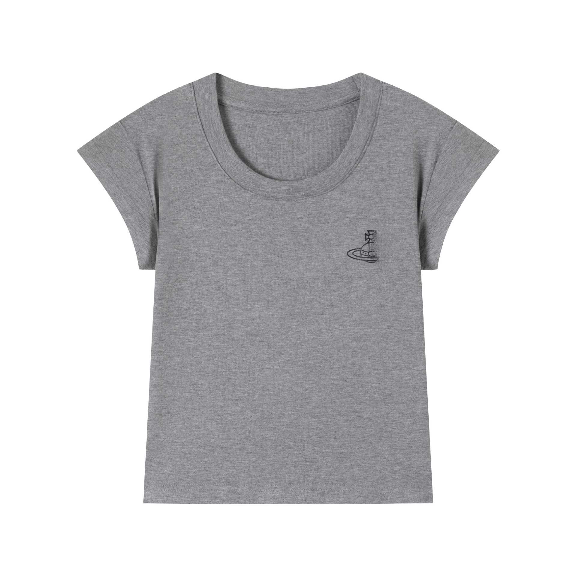 Xishi Solid Color Off-Shoulder Saturn Print Round Neck Short Sleeve Slim Fit Versatile Short T-Shirt Hot Girl Korean Version