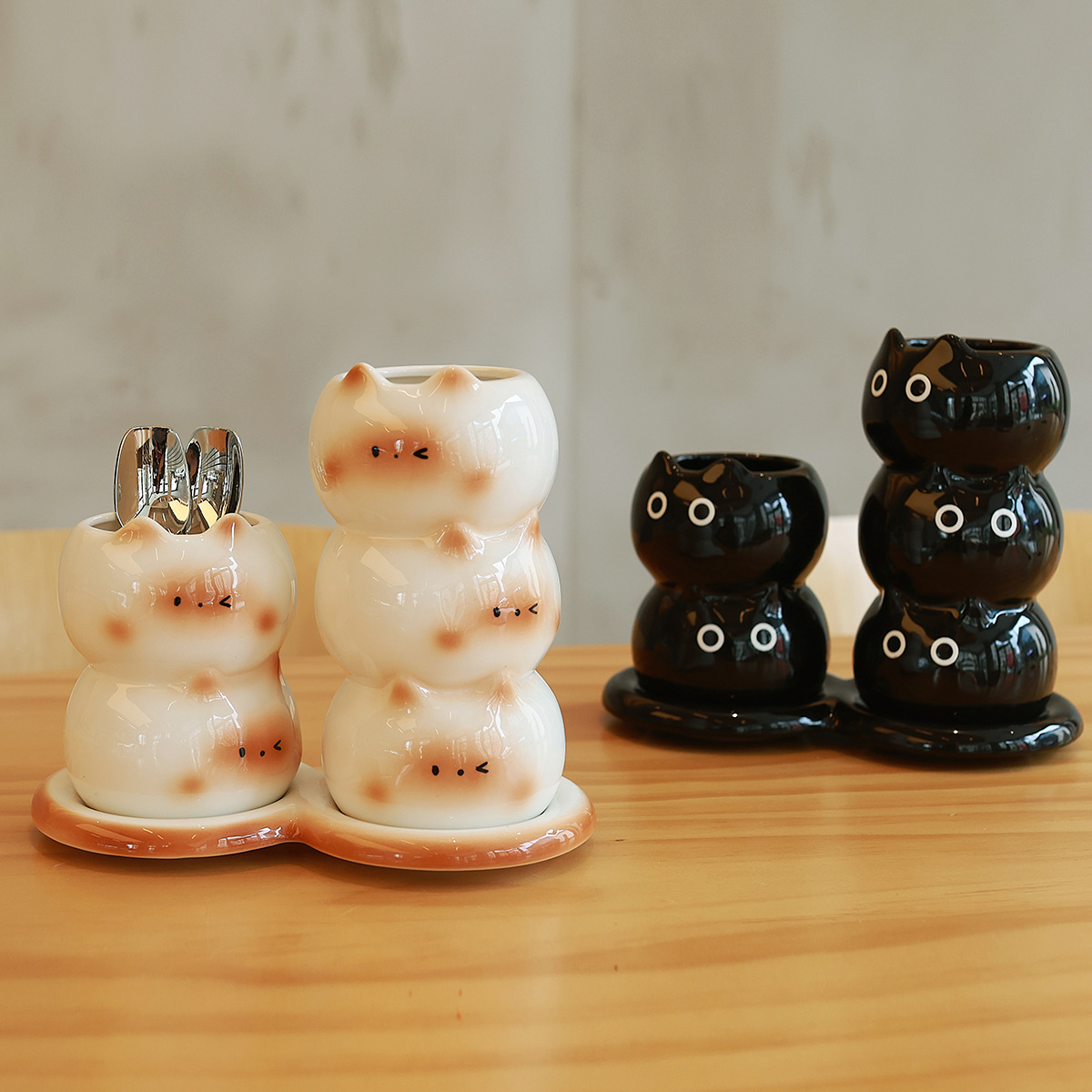 Lindo gato siamés tubo de palillos de cerámica tubo de almacenamiento de drenaje de encimera de cocina doméstica cubo de almacenamiento de cuchara de palillos de alto valor