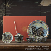 粉彩玄武小套组陶瓷盖碗茶杯主人杯家用泡茶一碗三杯茶具伴手礼品
