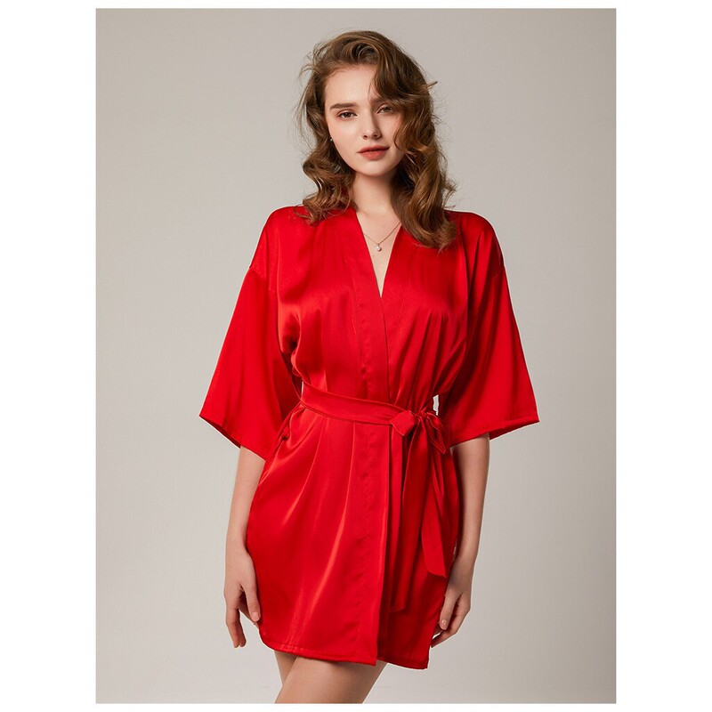 European and American style satin nightgown for women, thin summer V-neck with tie, sexy bridal robe, loungewear, bathrobe, can be worn outside
