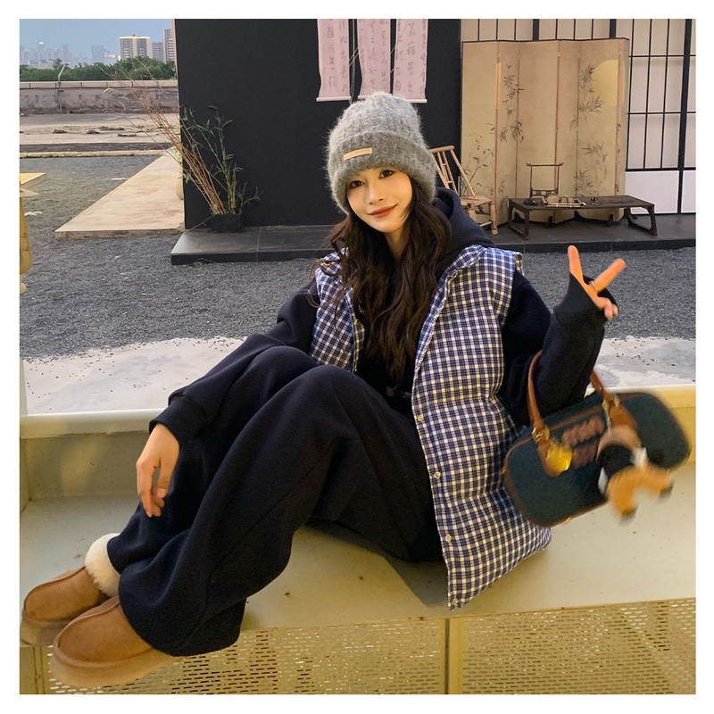 韩系复古蓝色格子立领无袖百搭棉服马甲背心女秋冬季加厚棉衣外套|undefined
