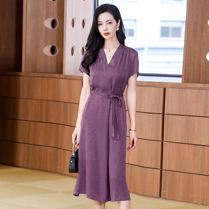 Mother's Summer Dress Guanle Crepe Xiangyun Yarn Silk dress Middle-aged Women's Dress 40-year-old 50-year-old Short-sleeved Skirt