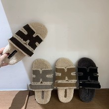 羊羔毛厚底一脚蹬加绒毛毛拖鞋外穿秋冬新款保暖真皮勃肯托鞋防滑