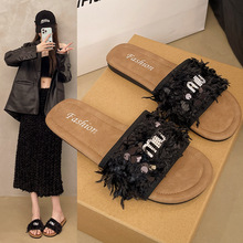 小香风软底外穿一字拖鞋女2025夏季新款帆布配裙子仙女风沙滩凉鞋