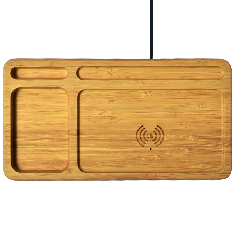 New bamboo 15w wireless charging storage box desktop 10 watt mobile phone fast charging bamboo tray wooden charger