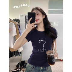 美式正肩短袖t恤女夏季新款爆款独特别致短款修身显瘦藏蓝色上衣