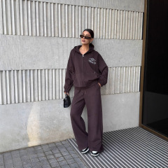 跨境美拉德新款绣花套装 插兜连帽开衫卫衣休闲直筒长裤两件套冬