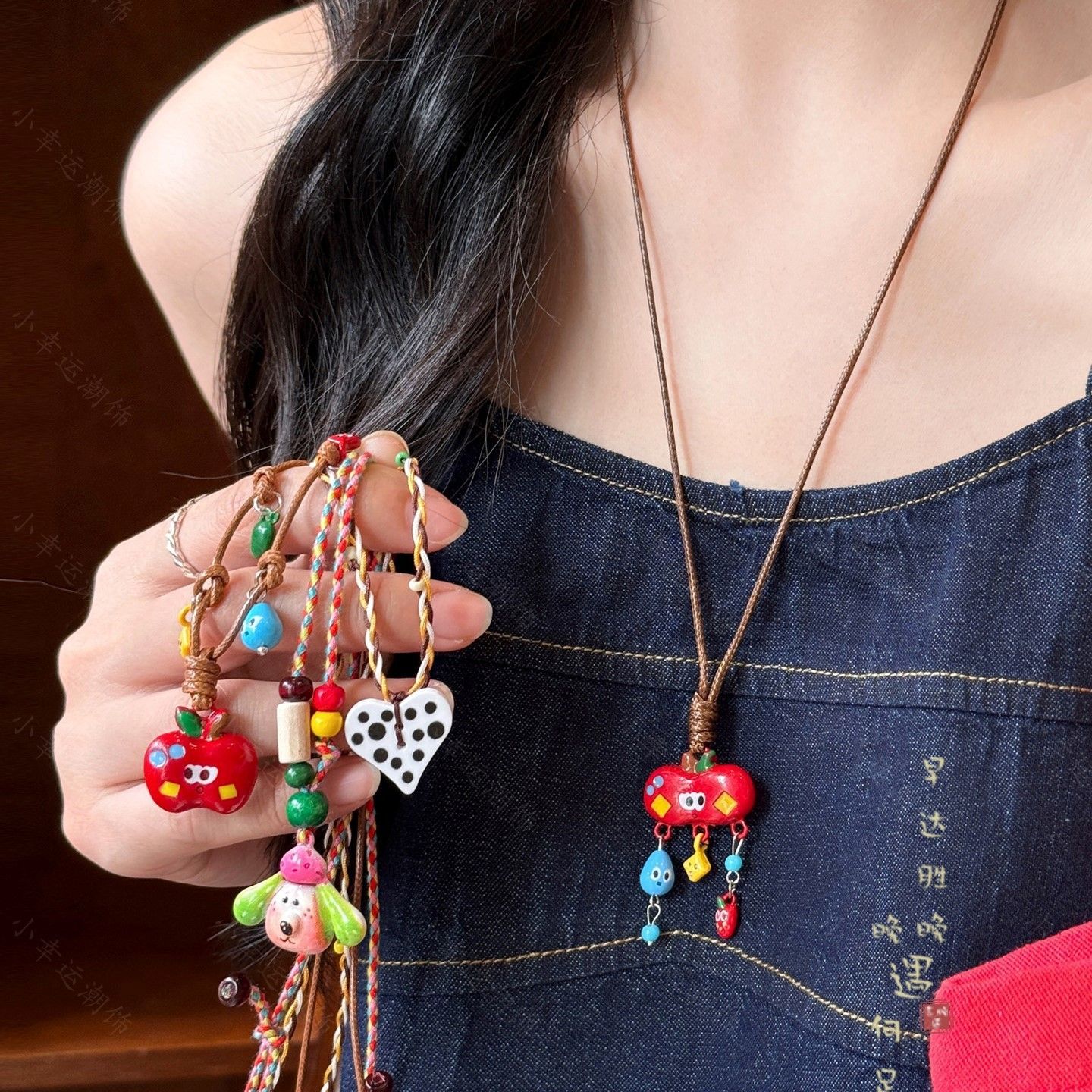 Dopamine Cartoon Colorful Apple Tassel Braided Rope Necklace Women's Cute Niche Long Halter Sweater Chain Accessories