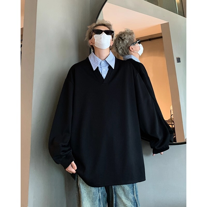 American-Style Faux Two-Piece Shirt V-Neck Sweatshirt for Men and Women, Autumn College Style Casual Loose Polo Collar Jacket