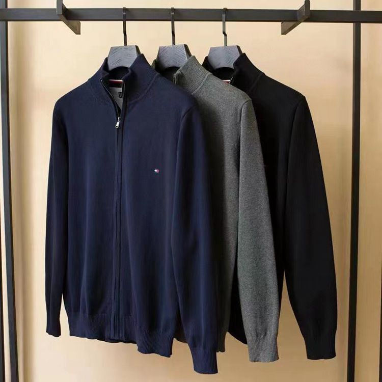 Spot Export 23 Autumn and Winter Tommy Men's Cardigan Turtleneck Embroidered Zipper Knitwear Knitwear Jacket 1